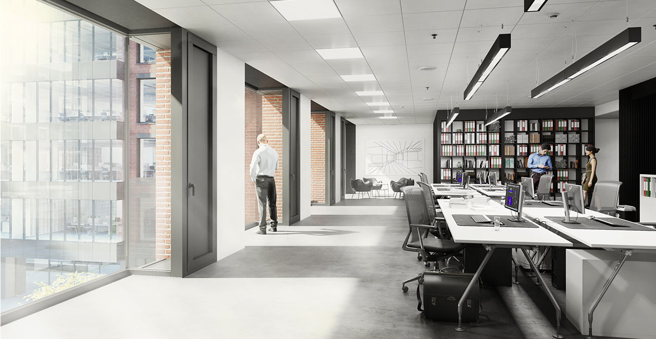Otwarta przestrzeń biurowa ze stanowiskami pracy w biurowcu Giant Office