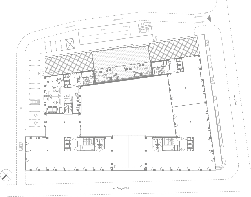 Rzut kondygnacji biurowca – plan rozmieszczenia stanowisk pracy