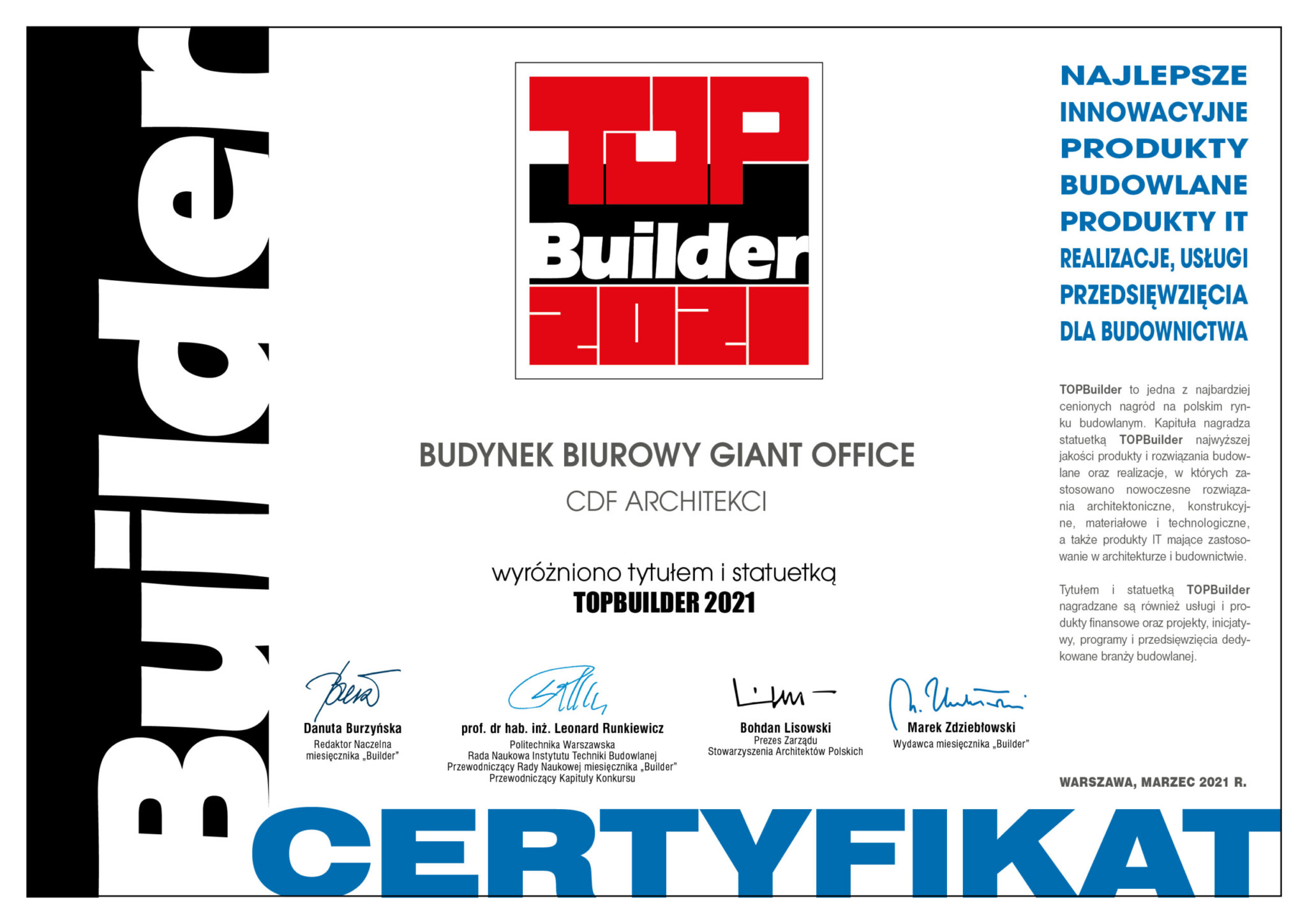 Certyfikat wyróżnienia TopBuilder dla Giant
